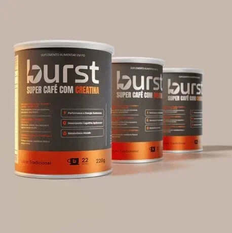 Três latas de super café com creatina da Burst Suplementos