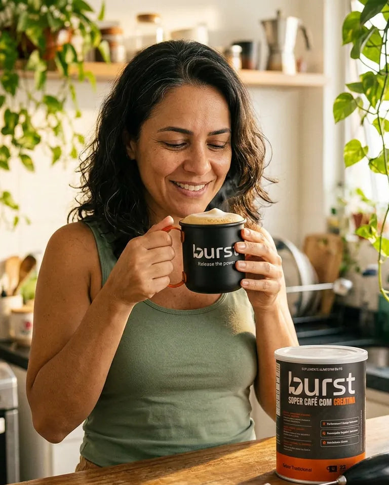 Mulher sorrindo com a caneca Burst na mão, com a lata de Super Café com Creatina na mesa