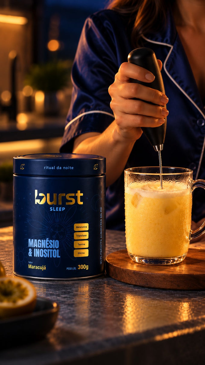 Pessoa batendo o Burst Sleep no mixer à noite, com o pote ao lado