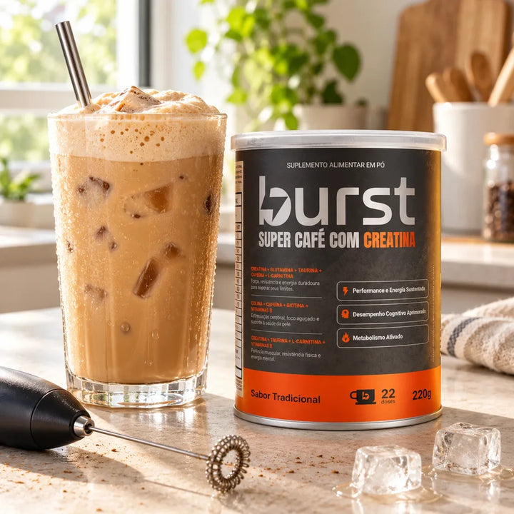 Cappuccino gelado com gelo ao lado da lata Burst