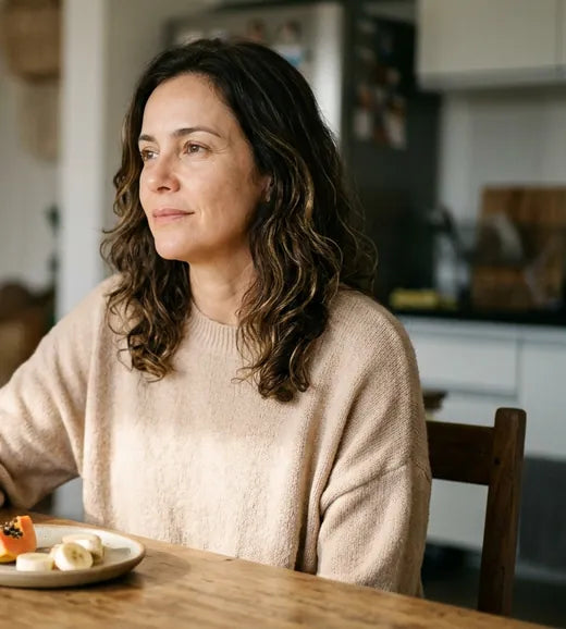 Mulher à mesa diante de um prato pequeno