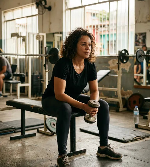 Mulher cansada sentada no banco da academia