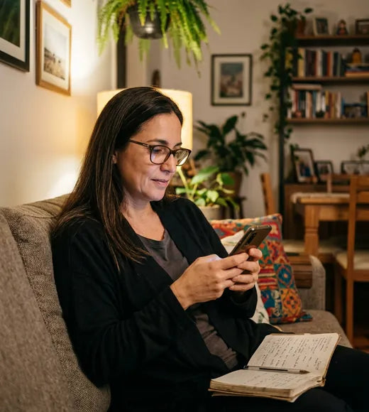 Mulher lendo sobre saúde no celular