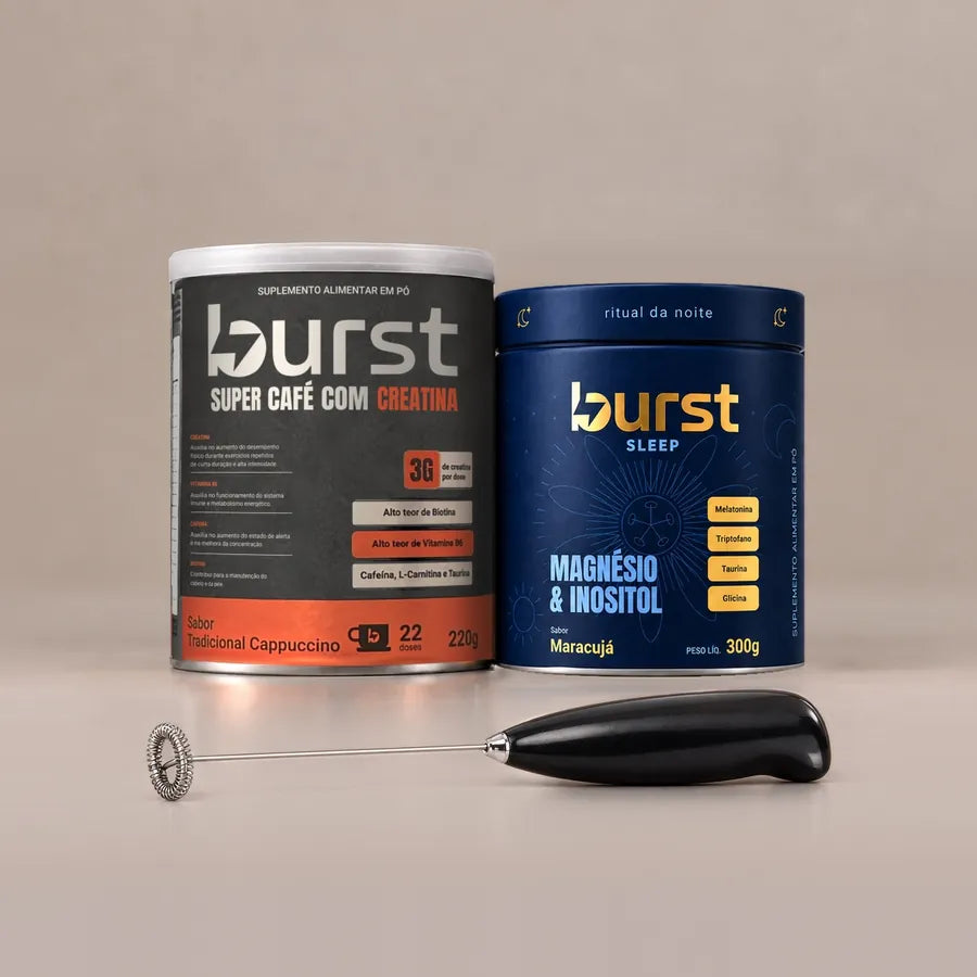 Kit Compre 1, leve 3: uma lata de Super Café com Creatina, um pote de Burst Sleep e um mixer