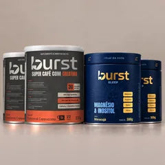 Duas latas de Super Café com Creatina e dois potes de Burst Sleep